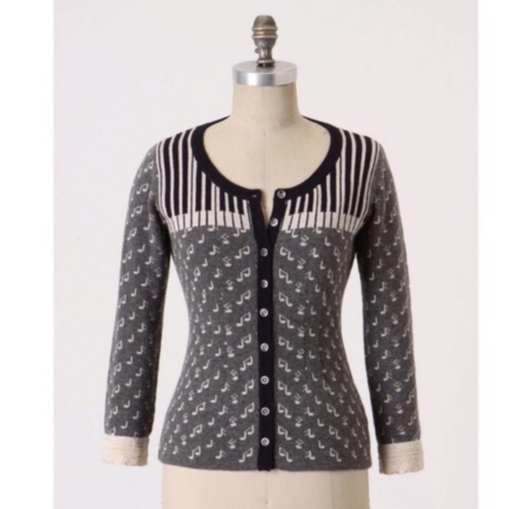 ANTHROPOLOGIE Field & Flower piano music note cardigan sweater cottagecore
